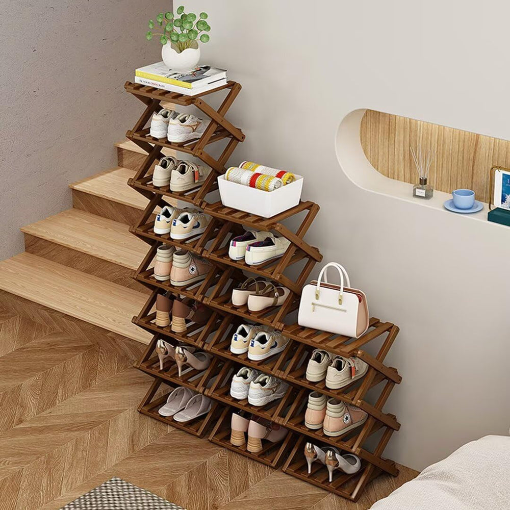 Vertical Shoe Rack Folding 4 Tier, Narrow Shoe Storage Rack, Bamboo Shoe Shel...