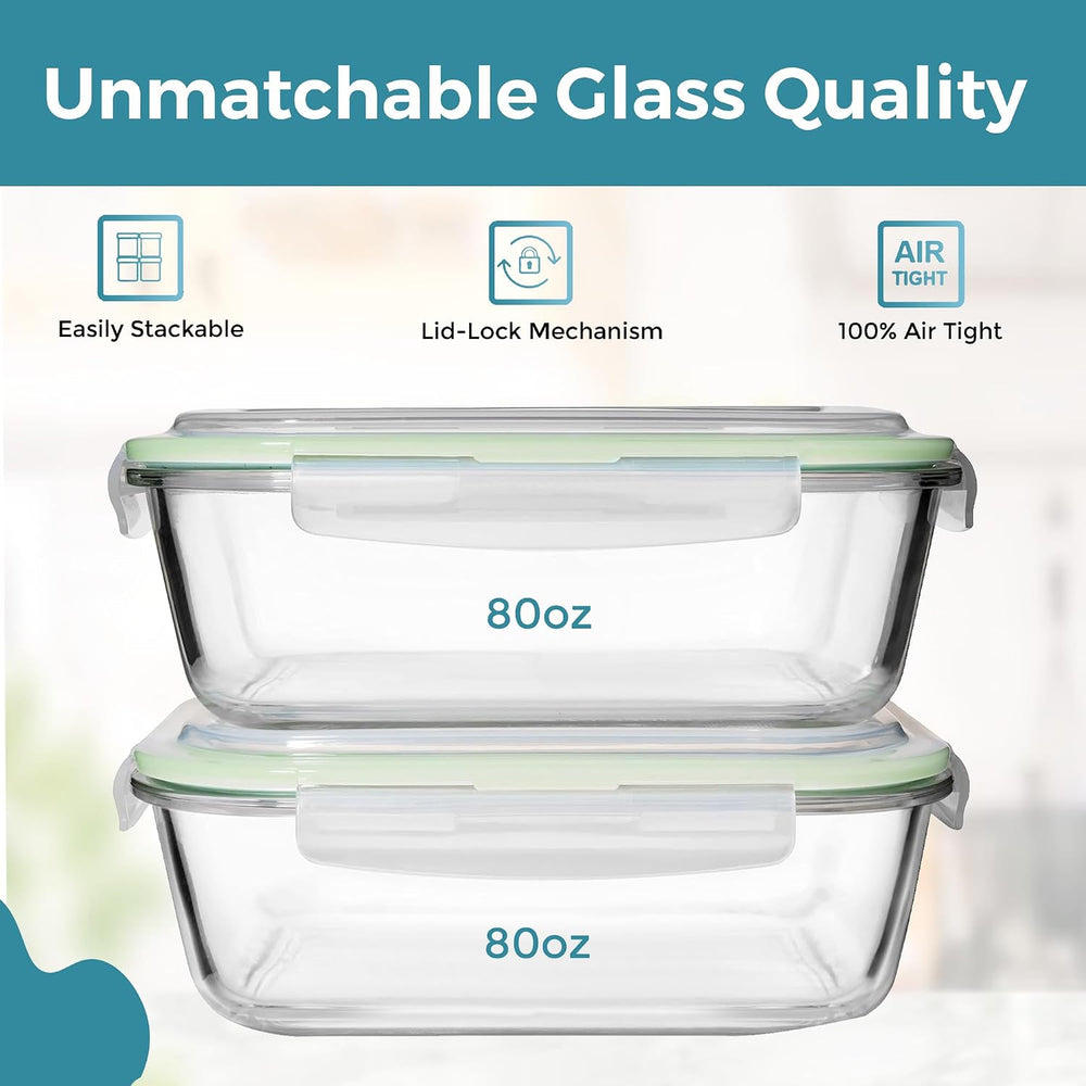 Razab 10 Cups/ 80 Oz 4 Pc (Set of 2) Glass Food Storage Containers with Airti...