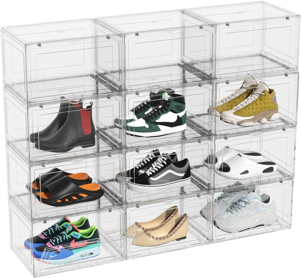12 Packs Large Plastic Clear Shoe Boxes with Magnetic Door