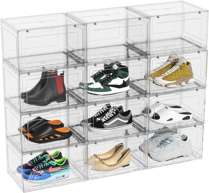 12 Packs Large Plastic Clear Shoe Boxes with Magnetic Door