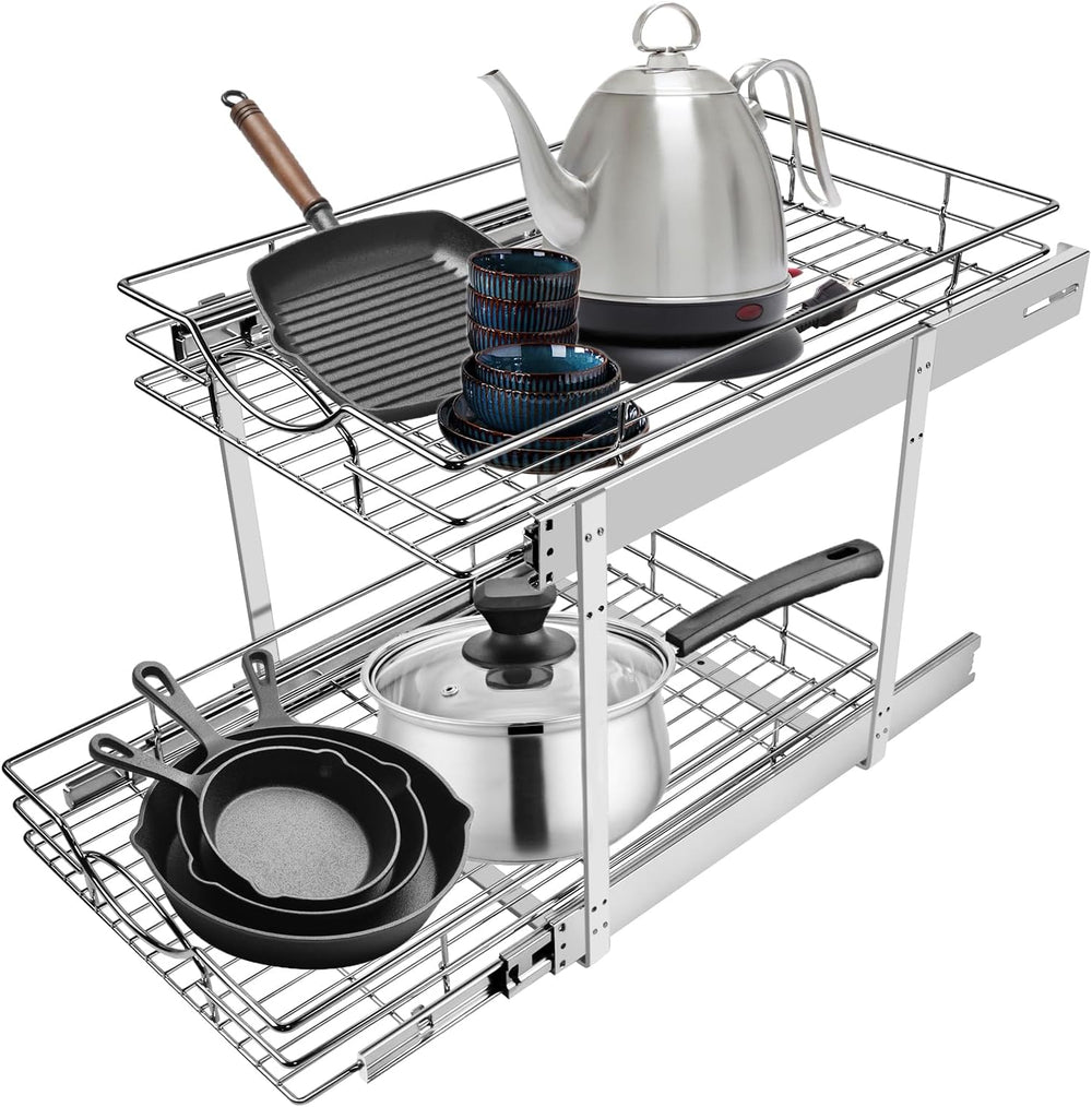 Sikarou Pull Out Cabinet Organizer 14"W 21"D 2-Tier Slide Out Stora...