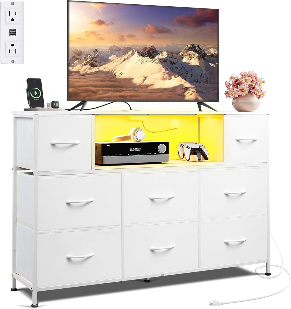 WLIVE LED Dresser TV Stand for 55 Inch TV, 8 Drawers, White