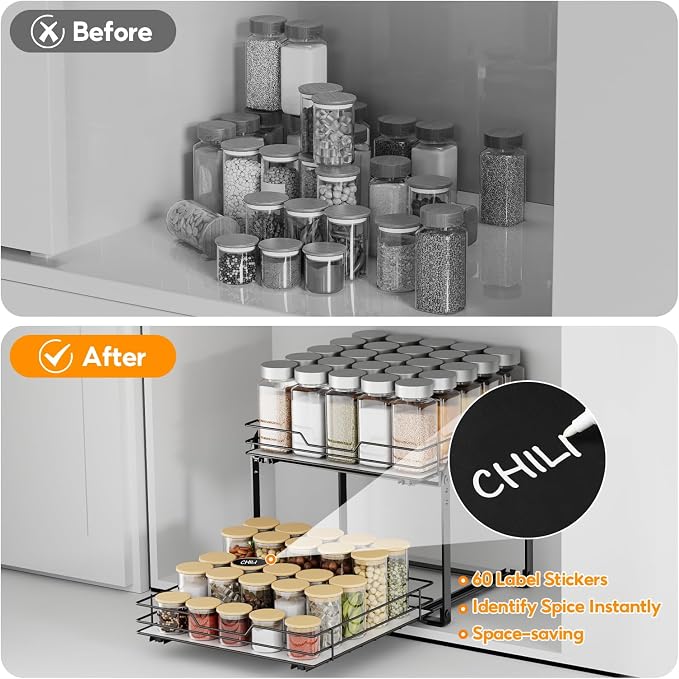 Spice Rack Organizer for Cabinet, 2 Tier Pull Out Spice Rack – Heavy Duty Metal - Image 9
