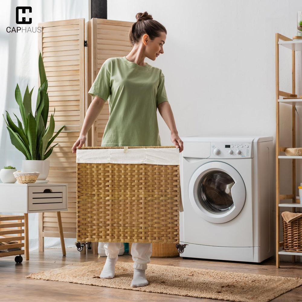 CAPHAUS Laundry Basket w/Wheels, Synthetic Rattan Laundry Hamper w/Lid, Remov...