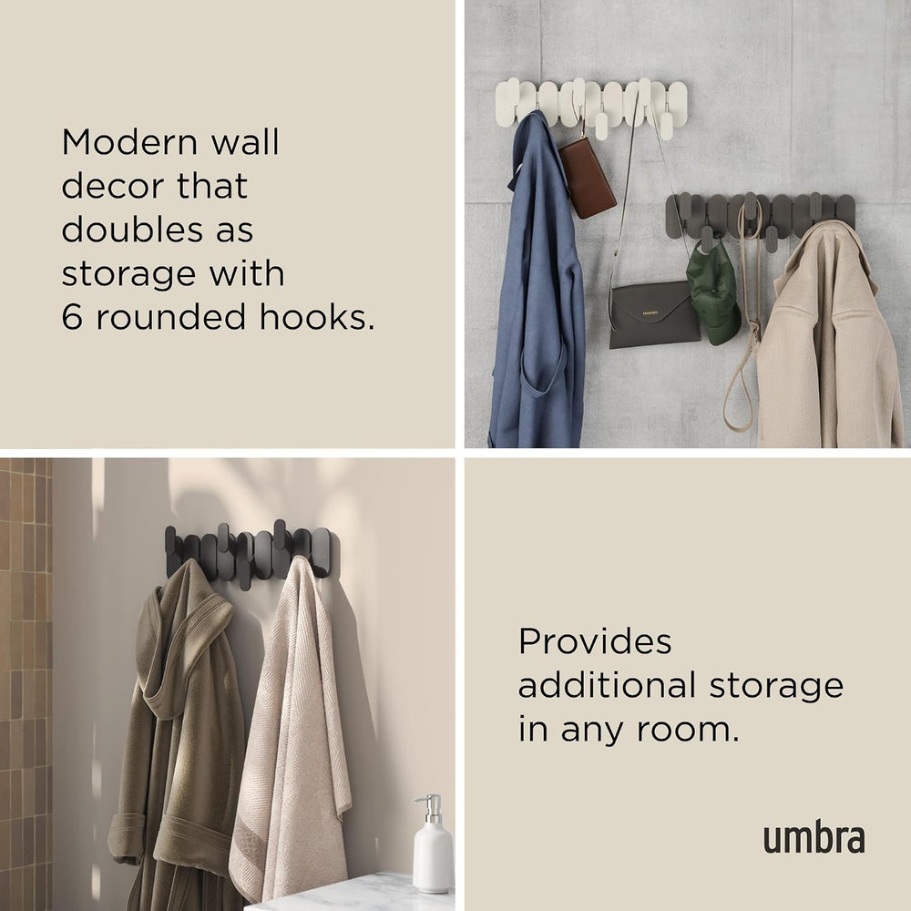 Umbra Tempo Wall Hooks, 6-Hook Coat Rack Wall Mount, Black