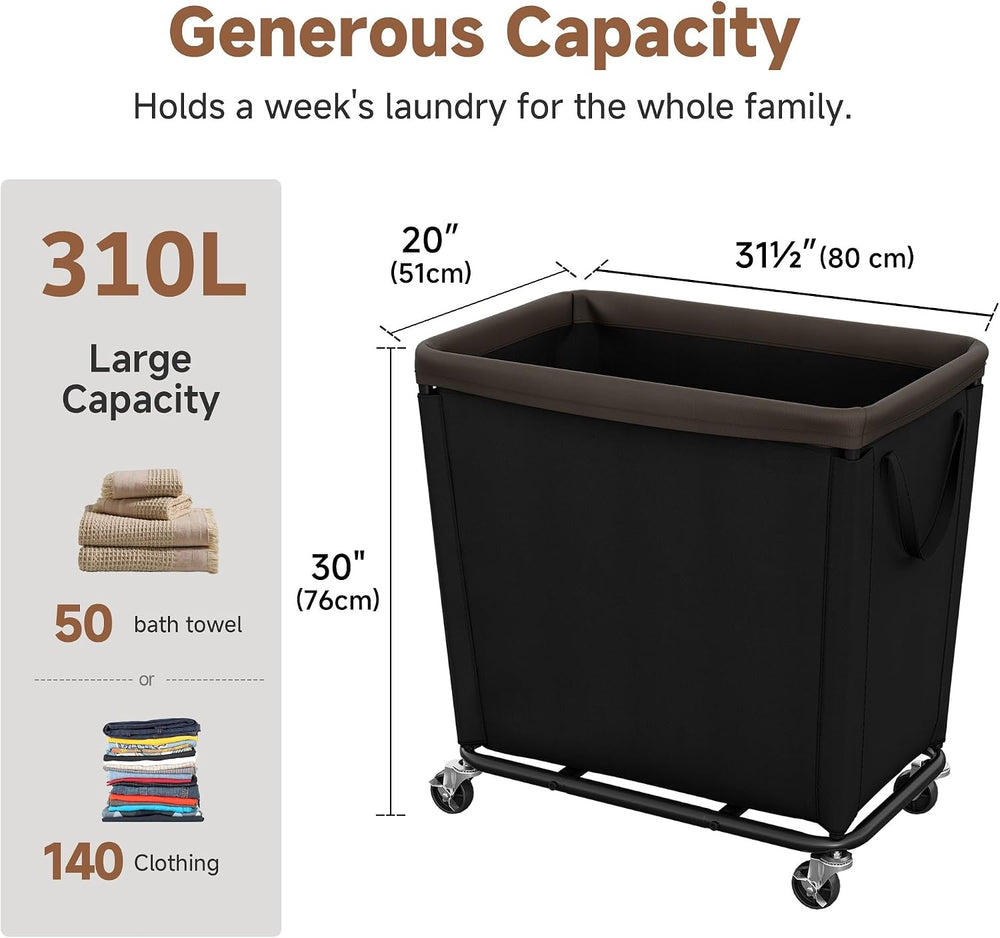 StorageWorks Basic Laundry Hamper with Wheels, 310L Large Black Basket Cart
