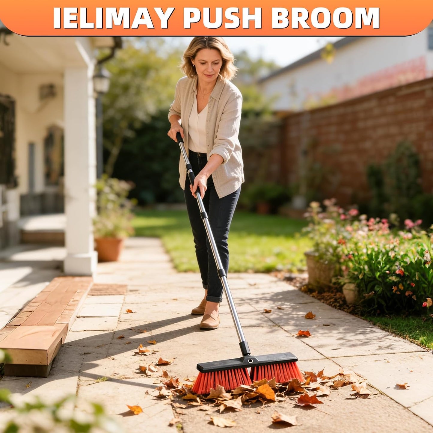 Push Broom, Heavy Duty Outdoor Broom with 55" Long Handle for Cleaning of Patios, Driveways, Garages, Patios, Warehouses and Concrete Floors, 18 Inches