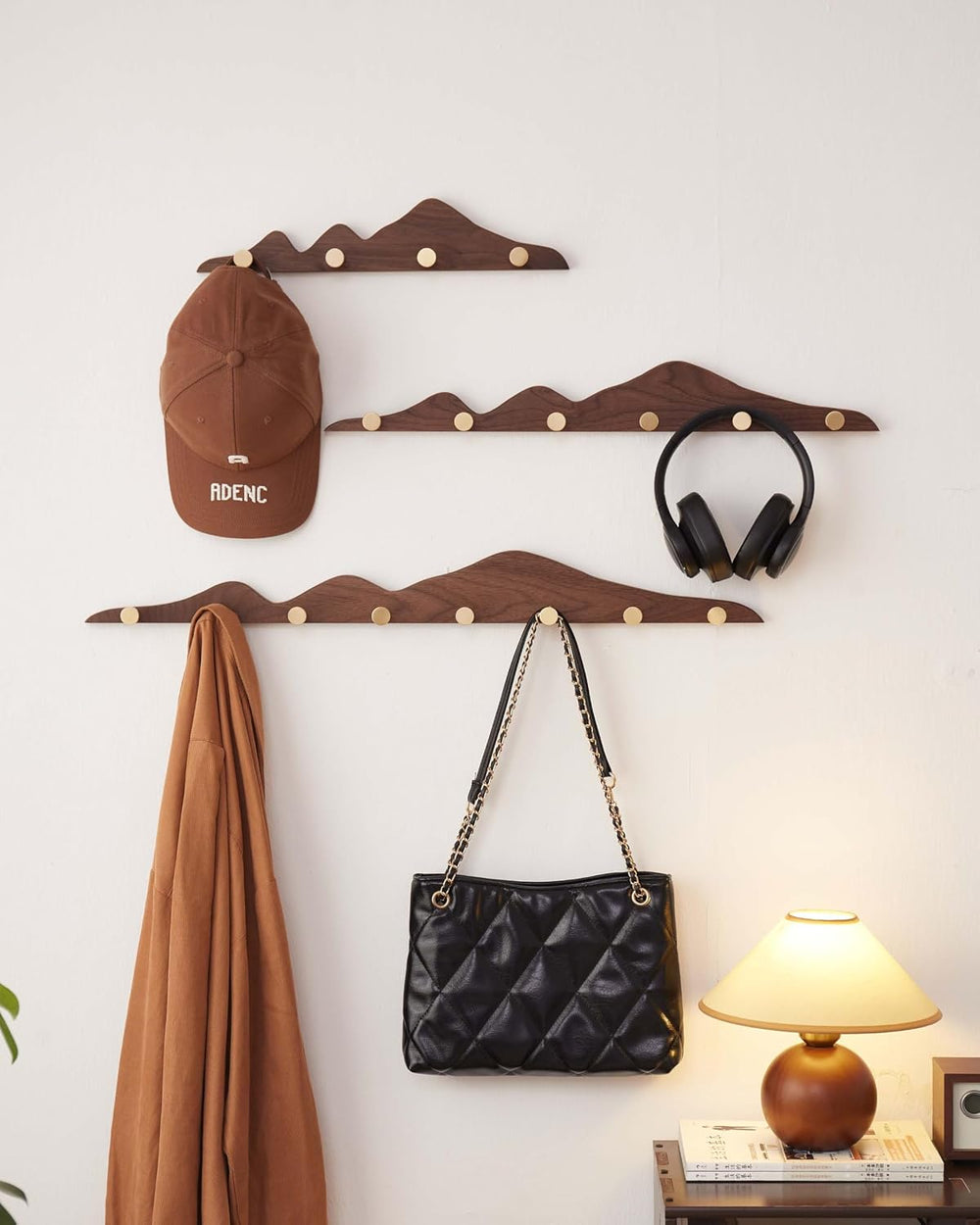 Wood Coat Hooks Wall Mount - Wooden Coat Rack with 8 Gold Brass Hooks for Ent...