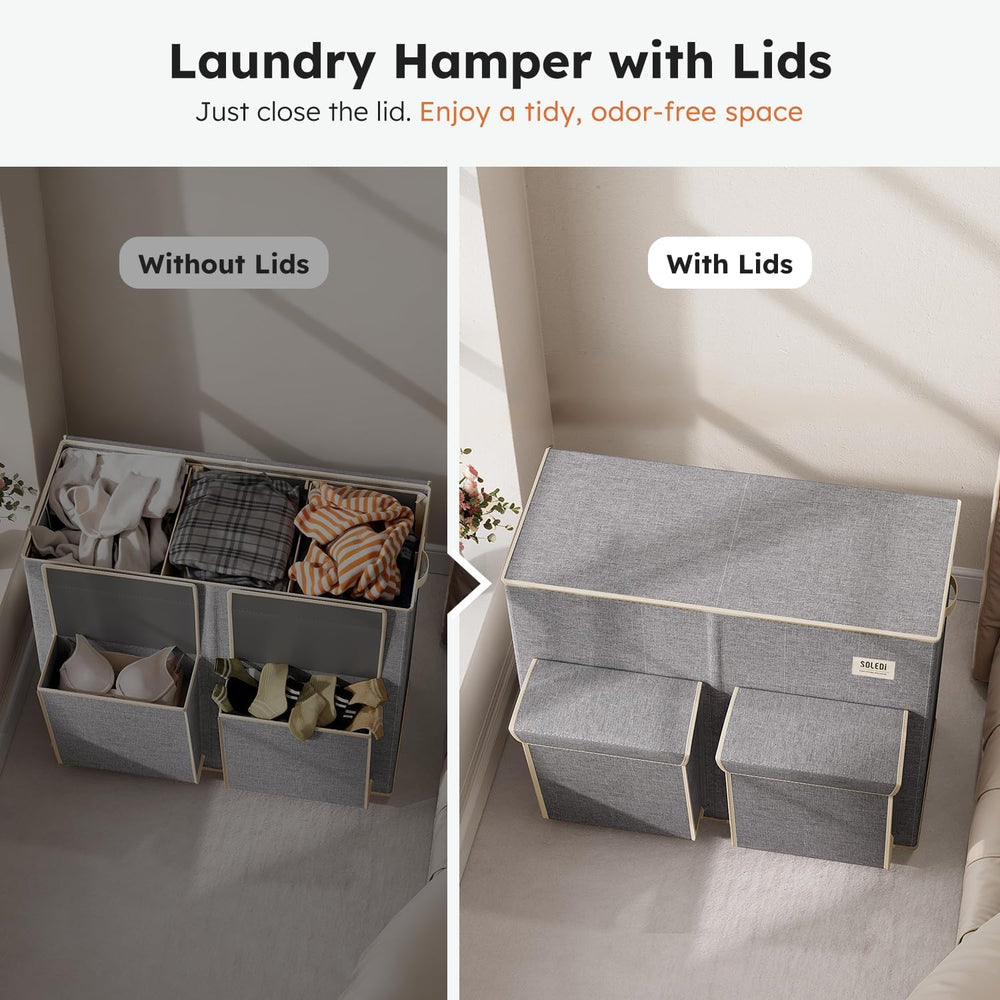 SOLEDI 220L Laundry Hamper 3 Section with Lid and 2 Side Pockets