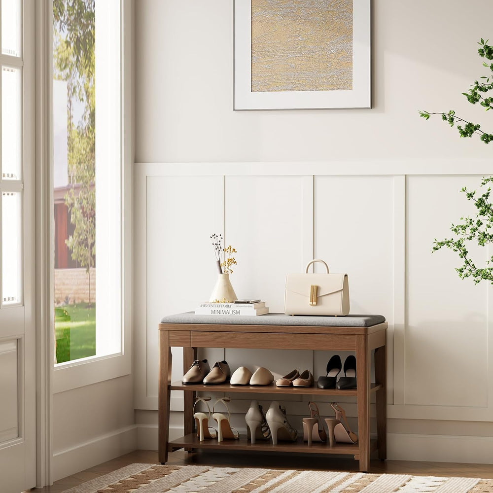 Solid Wood Shoe Bench with Storage, 2-Tier Shoe Storage Bench with Cushion