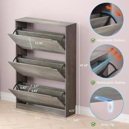 Shoe Cabinet with 3 Flip Drawers, Hidden Wood Shoe Cabinet, Freestanding Shoe - Image 2