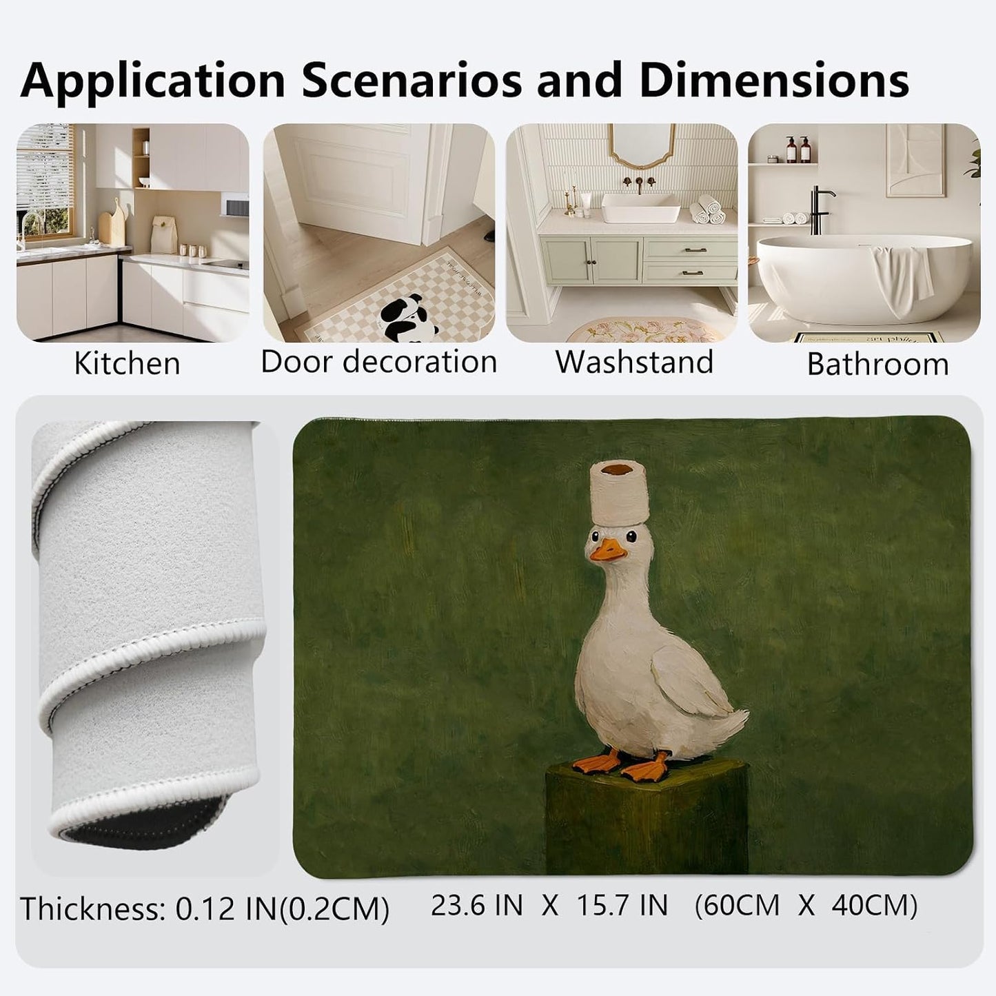 Green Funny White Duck Kitchen Mat,Playful Duck with Toilet Paper Roll Bathroom Mat,Cute Animal Decorative Mats Rug for Bathroom Dressing Table Shower Tub Kitchen Entry Door,24x16Inch