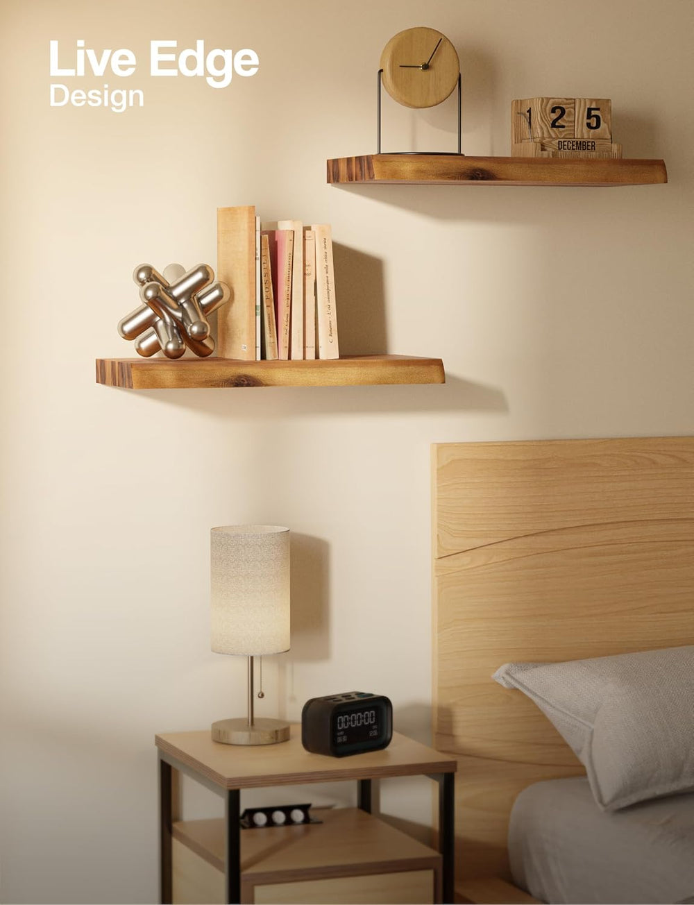 BATODA 17” Live Edge Floating Shelves, Wooden Floating Shelves Set of 2 Pcs
