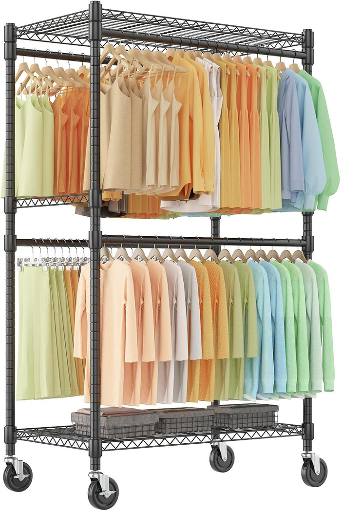 Himimi Double Rods Clothes Rack Heavy Duty, Adjustable Metal Garment Rack with Wheels, Portable Clothing Rack for Hanging Clothes, Closet Rack for Bedroom Laundry Room, 35.5" W×20.5" D×80.5" H, Black