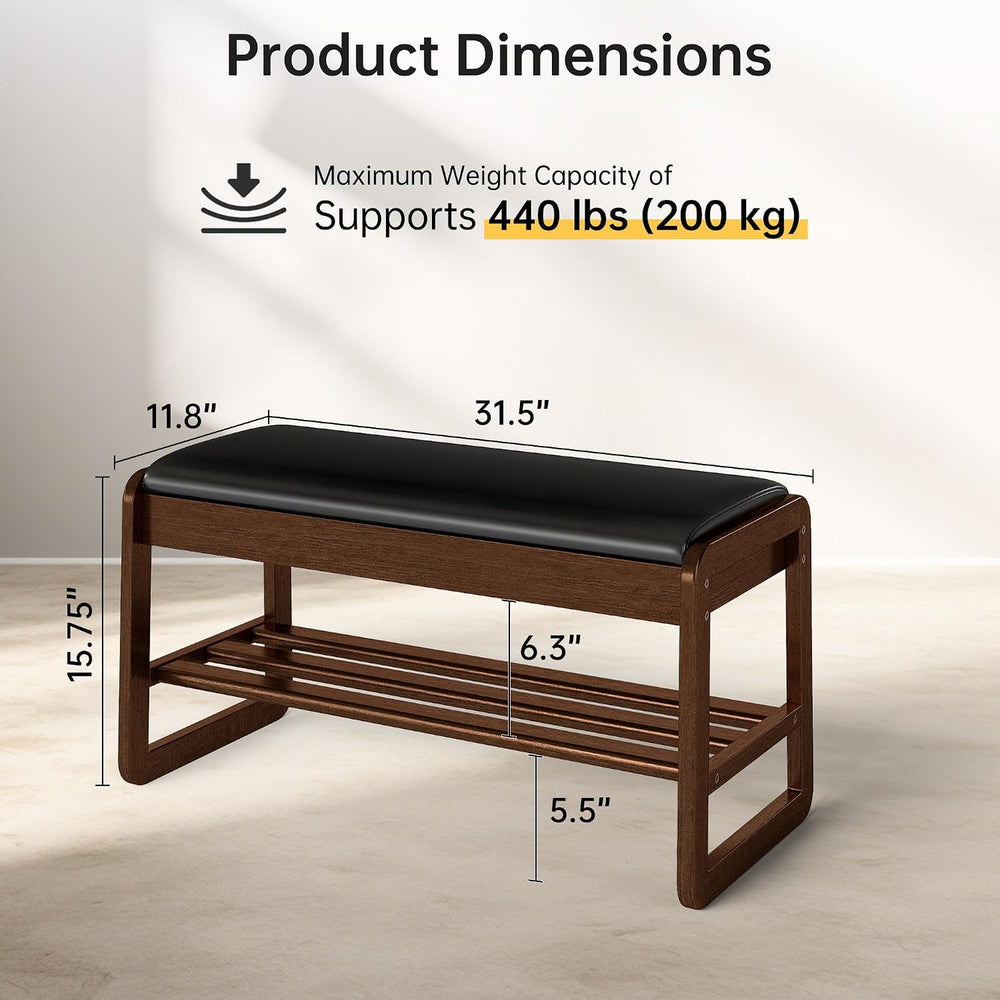 Shoe Rack Bench with Flip-Top Storage, Solid Rubberwood 2-Tier Shoe Organizer...