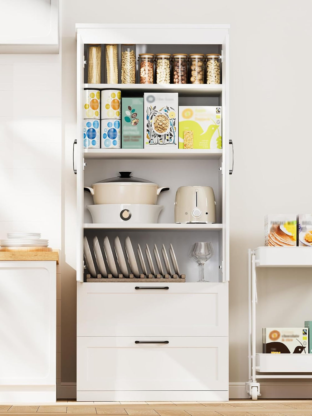 71” H Kitchen Pantry Cabinet, 4-Tier Farmhouse Storage Cabinet with Barn Door...