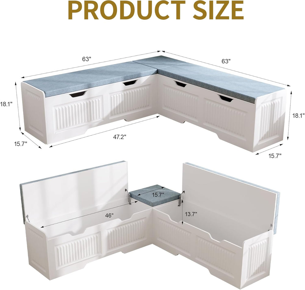 White L-Shaped Storage Bench with Hidden Storage Space