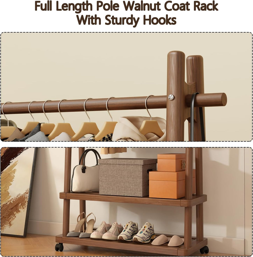 Solid Wood Clothing Rack with Wheels, Garment Rack Shelves, 31.5" Walnut