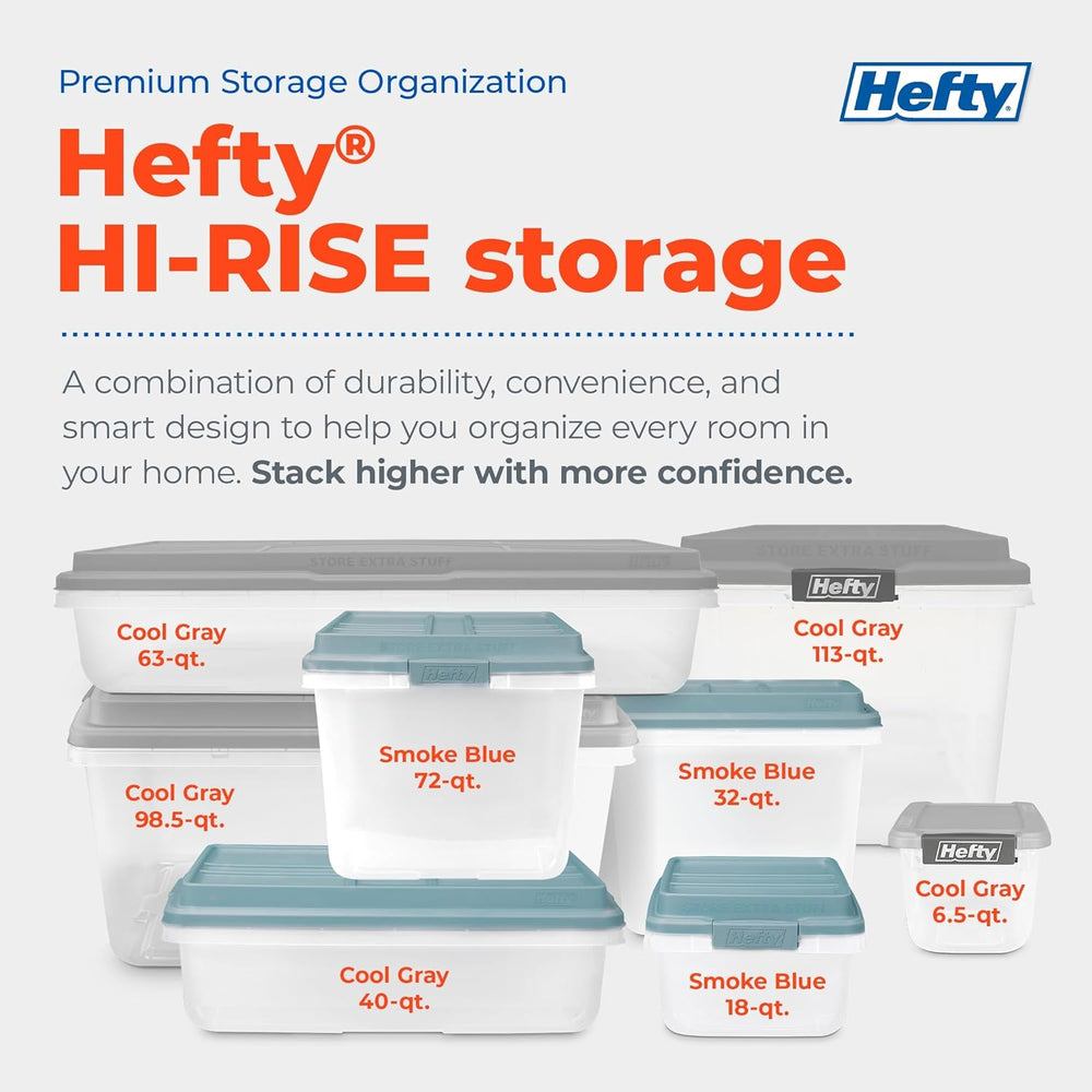 Hefty Hi-Rise Storage Bin with Lid, 40 Quart, Smoke Blue, 6 Pack