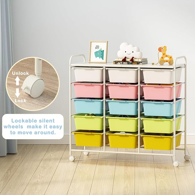 15 Drawers Rolling Cart With Wheels, Plastic Storage Drawer With Metal Frame