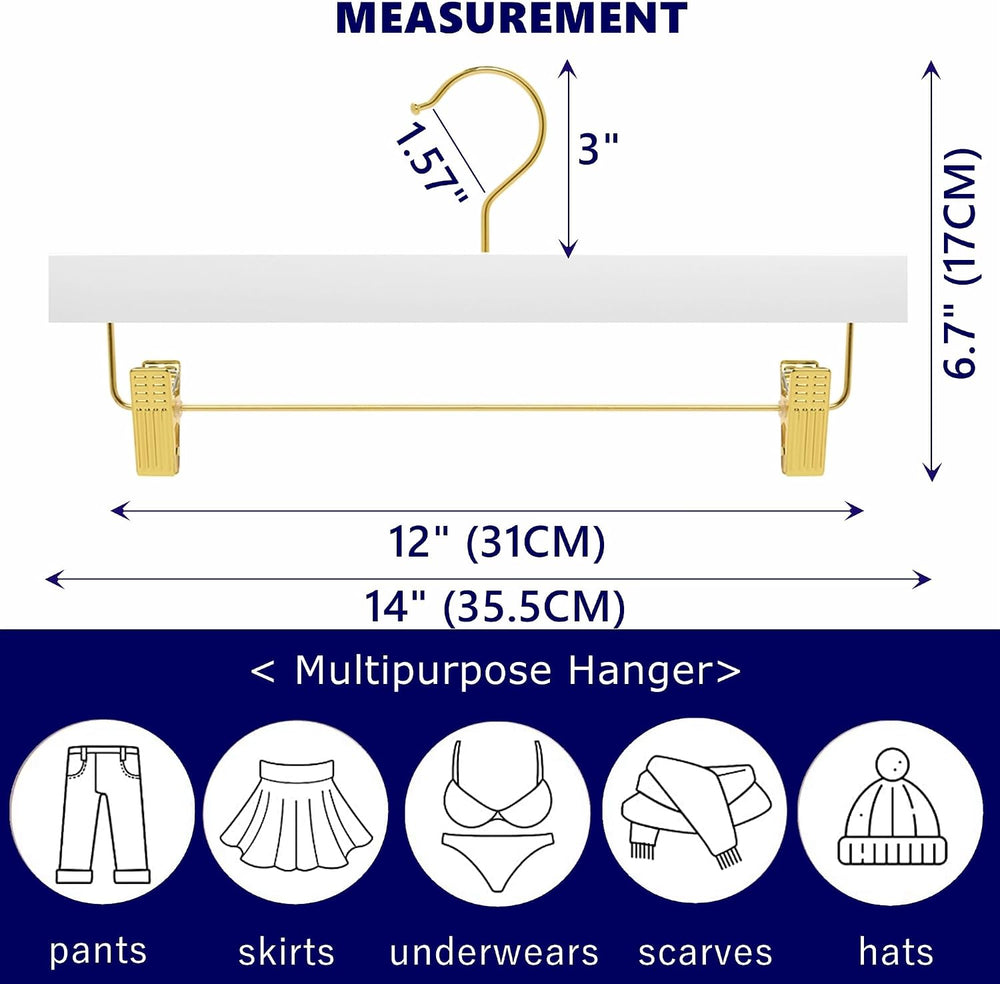 Amber Home 24 Pack White Wooden Pants Hangers with Gold Clips