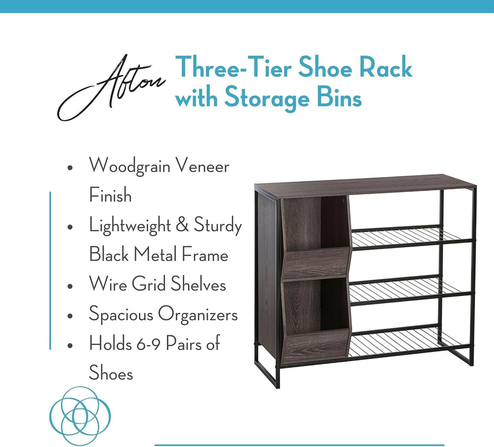 RiverRidge Afton Shoe Storage Organizer, Black Frame + Weathered Woodgrain