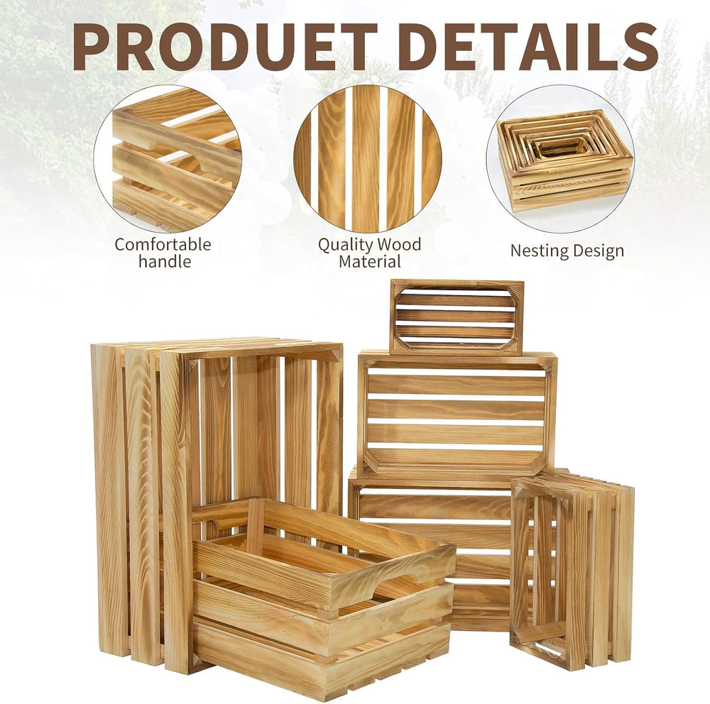 6 Pcs Wooden Crates for Display, Nesting Wood Crate for Storage, 6 Size