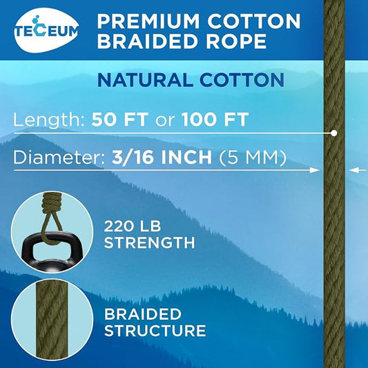 TECEUM Cotton Rope 3/16” – 100 FT – Strong All-Purpose Braided Rope – Natural - Image 2