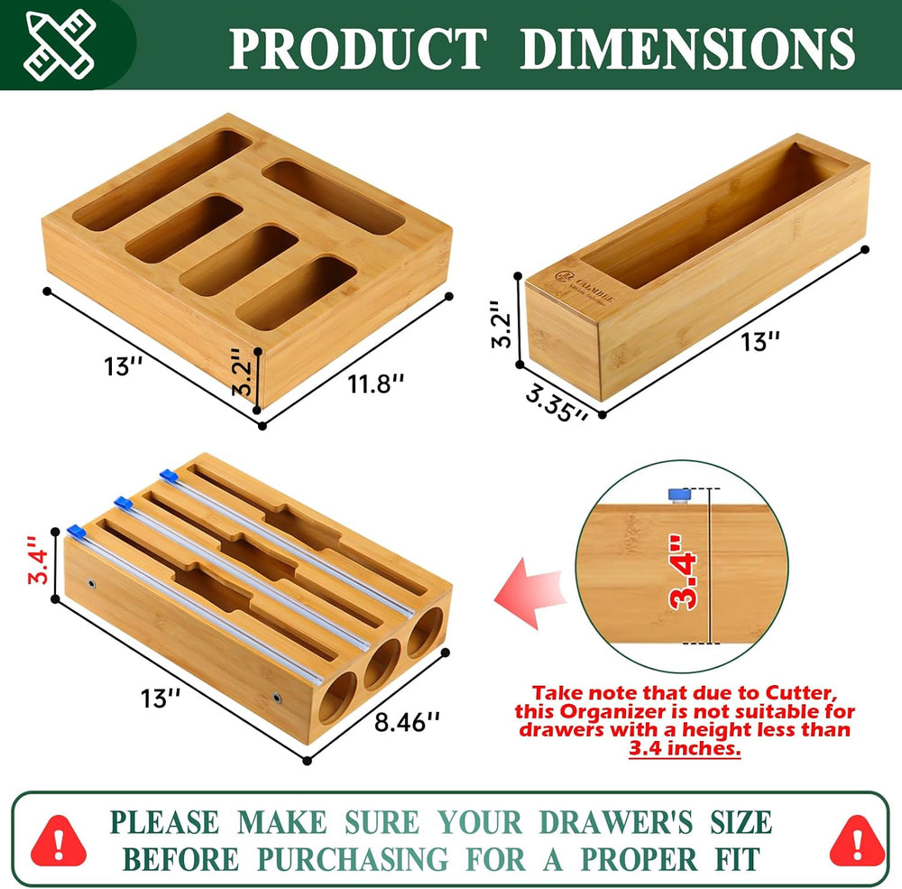 Calmbee 9 in 1 Bamboo Storage Bag Organizer for Kitchen Drawer – Plastic Wrap...