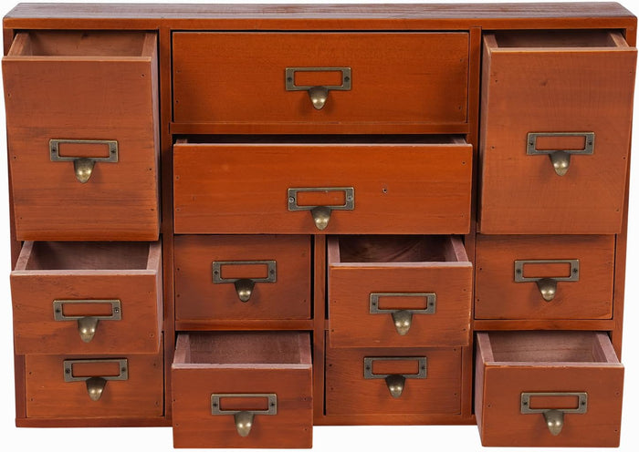 12 Drawers Apothecary Cabinet, Library Card Catalog Cabinet with Metal Handles, Wooden Vintage Apothecary Cabinet, Tabletop Rustic Herb Storage Box for Home Office Organization Storage (Brown)