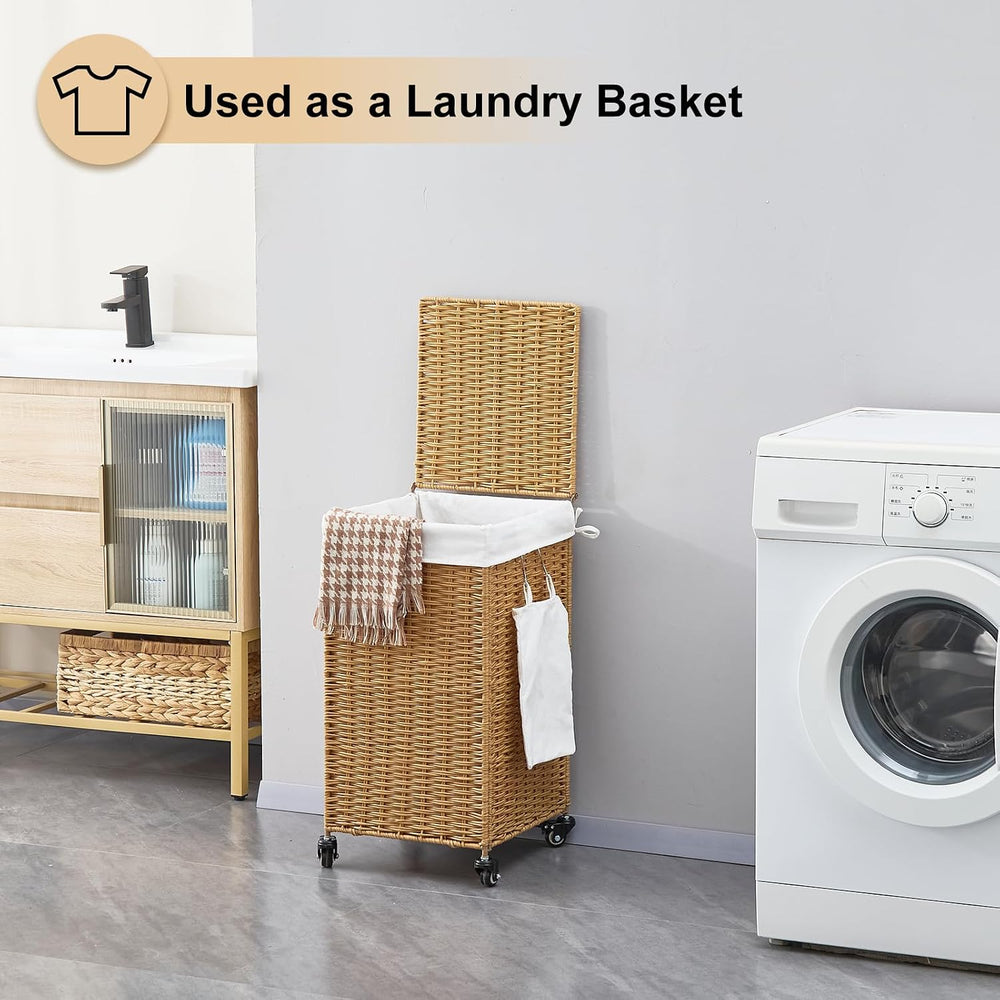 Handwoven Hamper with Lid, Laundry Basket with Wheels