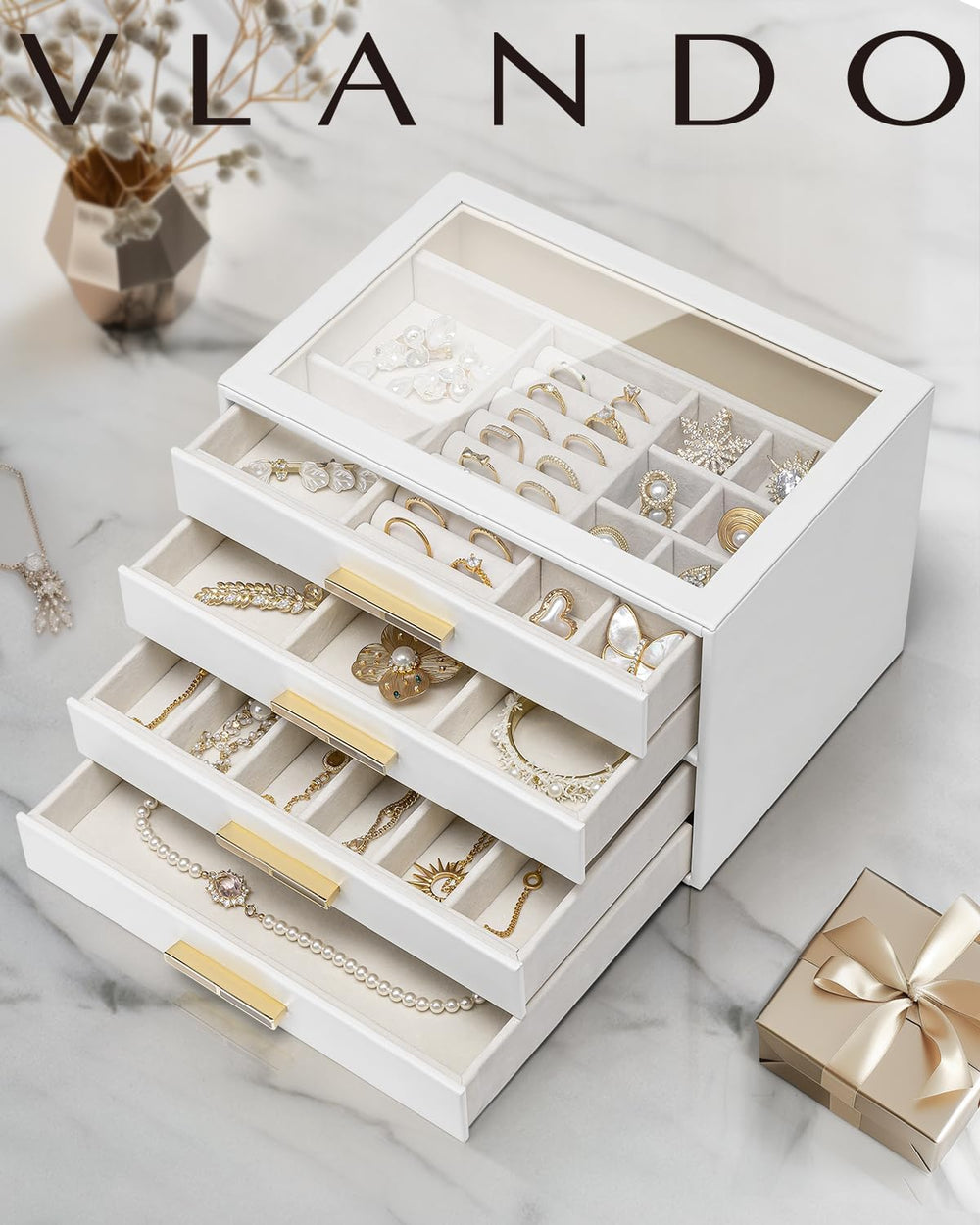 VLANDO Jewelry Box Organizer, 7-Layer Storage Drawers, Glass Window, Modern