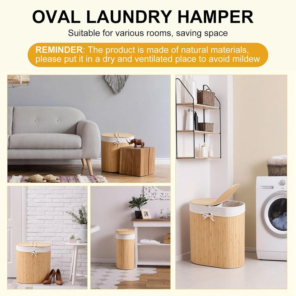 Gueevin Oval Bamboo Laundry Hamper with Lid, Carbon, 24 x 23 x 13 Inch
