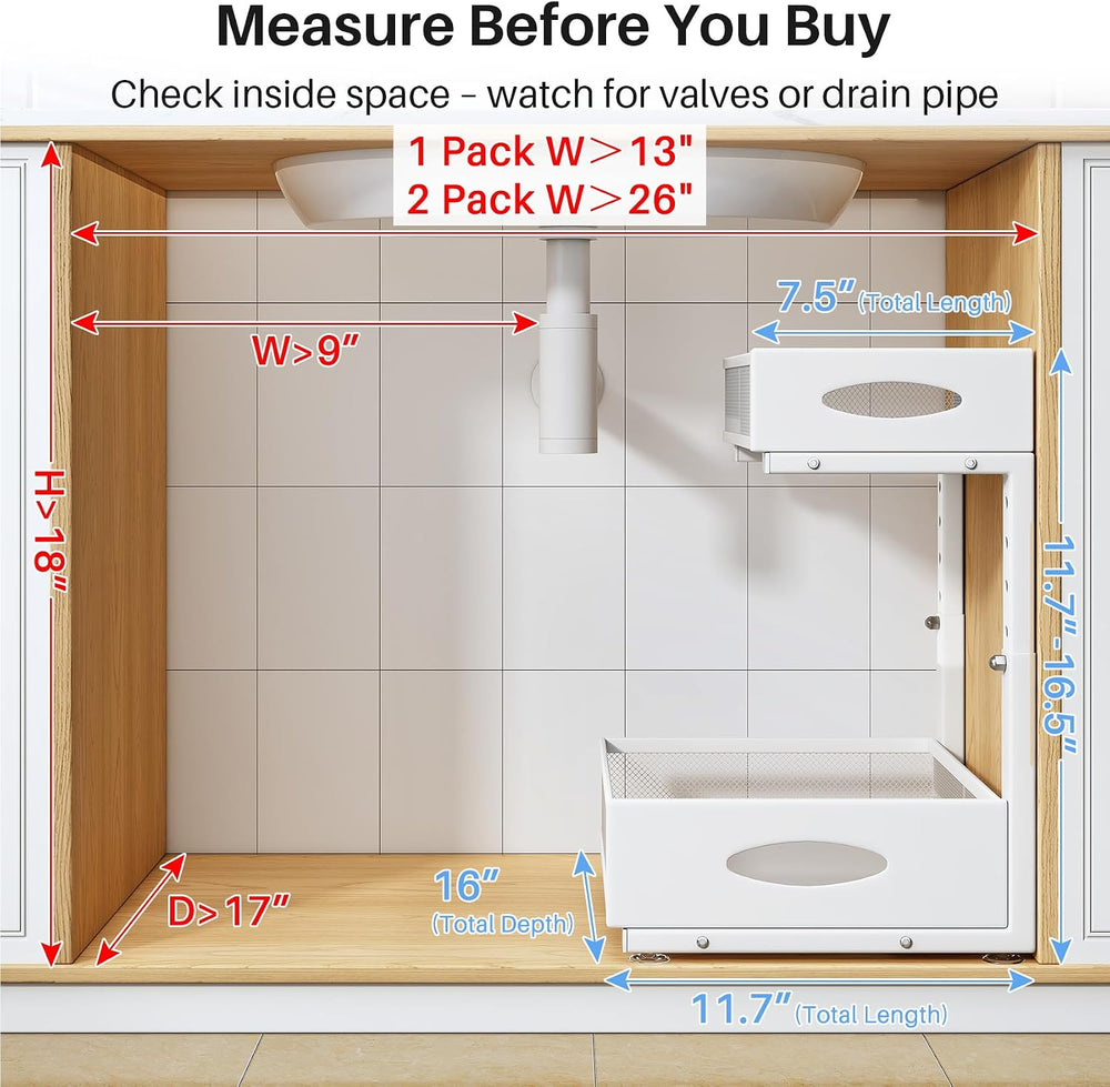 Under Sink Organizer, 2 Pack 2 Tier Pull Out Under Cabinet Organizer Shelf wi...