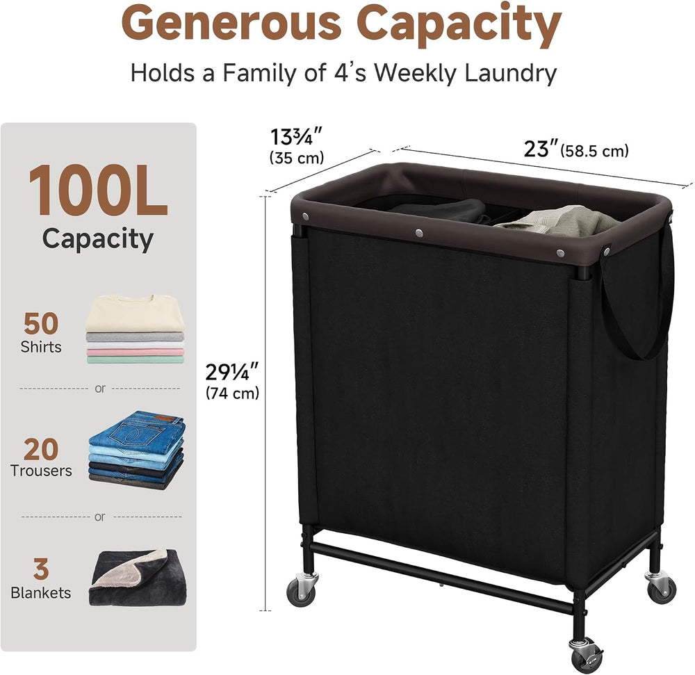 StorageWorks 2 Section Laundry Hamper, 100L Black Sorter Cart with Wheels