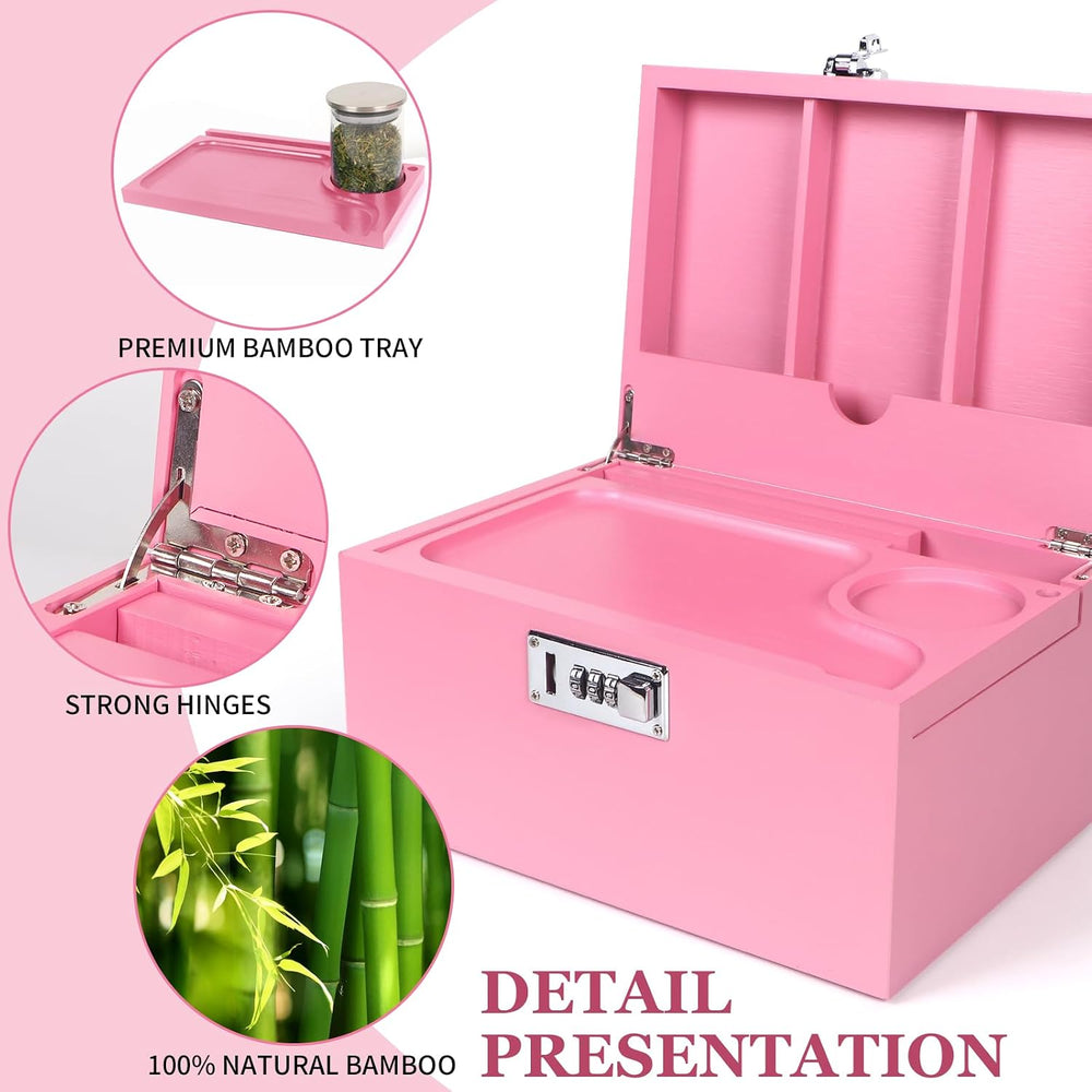 Large Pink Bamboo Box with Combination Lock, Decorative Storage Box with Deta...