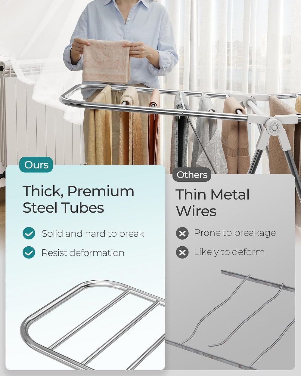 SONGMICS Clothes Drying Rack, Foldable Metal Airer, 19.3 x 51.2 x 39.4 in