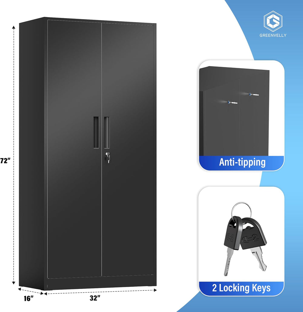 Greenvelly Metal Cabinet, 72" Black Locking Metal Storage Cabinet with 2...