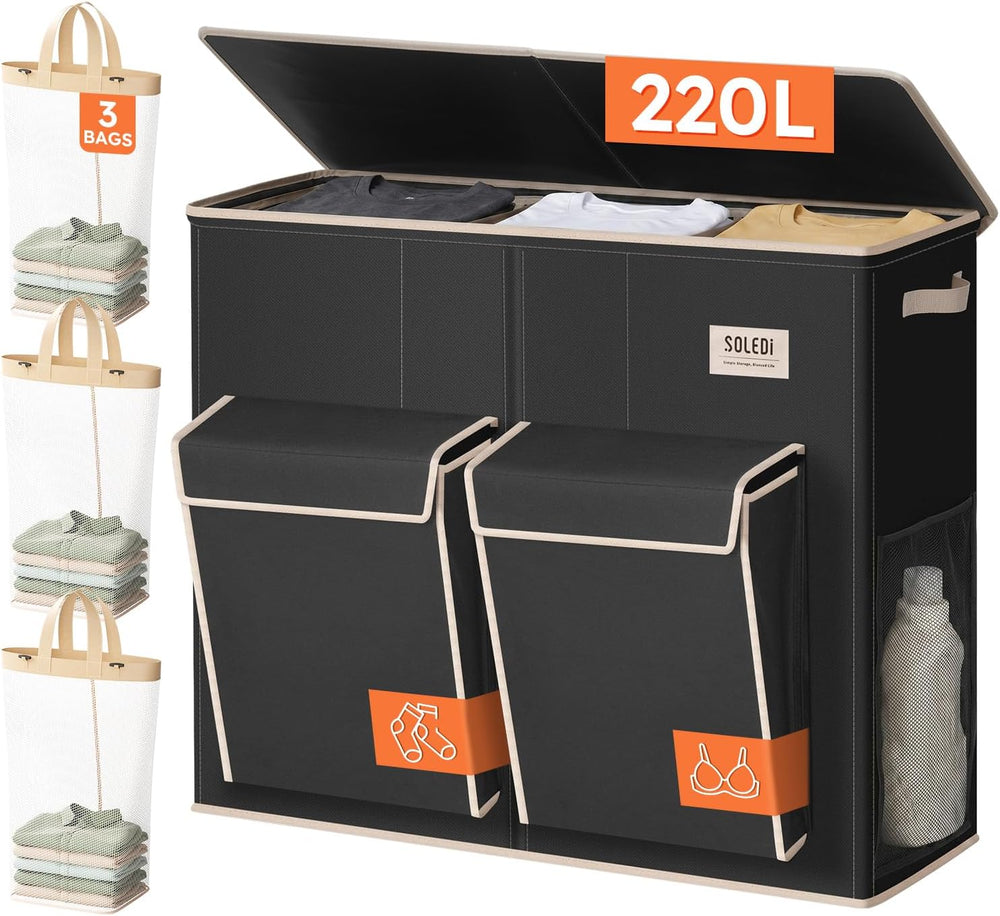 SOLEDI 220L Laundry Hamper 3 Section with Lid and 2 Side Pockets