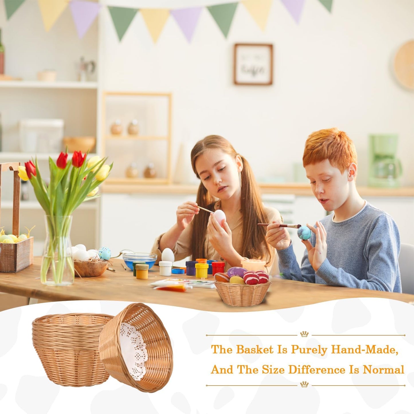 12 Pcs Round Small Plastic Bread Basket, Wicker Basket for Serving 7x7x3 Inch Woven Food Storage Basket, Fruit Basket, Gift Basket (Comes with Food Blotting Sheets) Brown