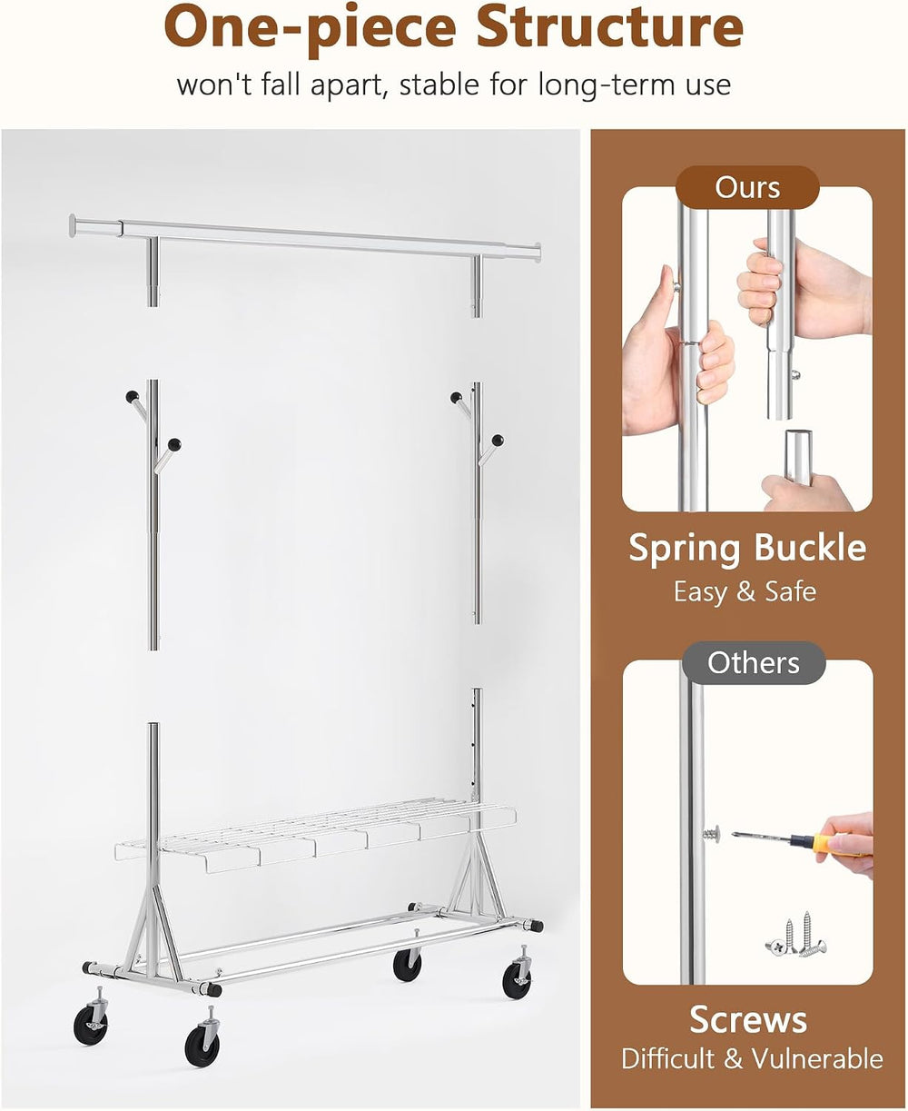 Hoctieon 1-Minute Assembly Clothes Rack, 480 lbs Heavy Duty Rolling Clothing ...