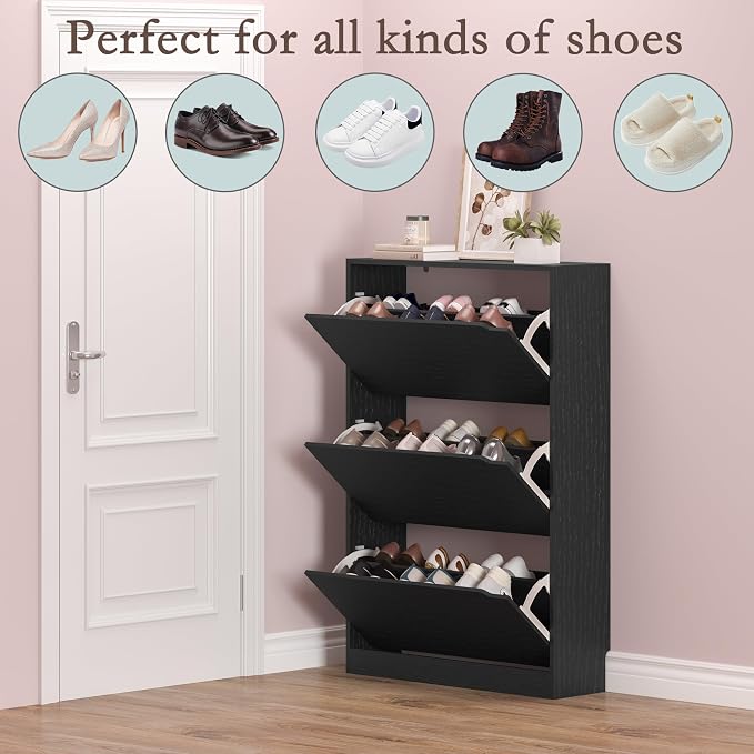 Shoe Storage Cabinet with 3 Flip Drawers, Narrow Shoe Rack Cabinet,