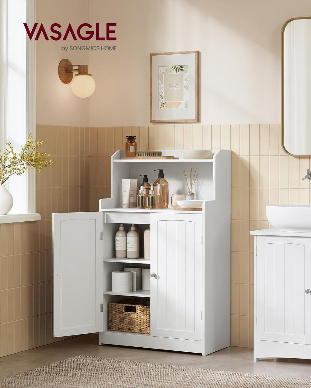 VASAGLE Tall Bathroom Storage Cabinet, Floor Cabinet with 2 Doors, 39.4" H