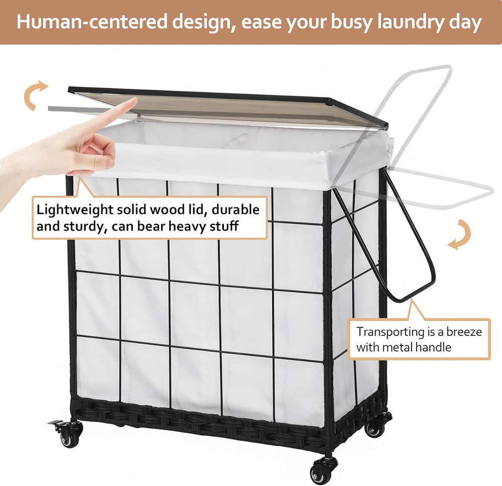 110L Laundry Hamper with Wood Lid, Rolling Laundry Basket with Liner Bag