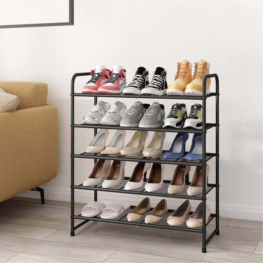 Simple Trending 5-Tier Stackable Shoe Rack, Expandable Shoe Shelf Black
