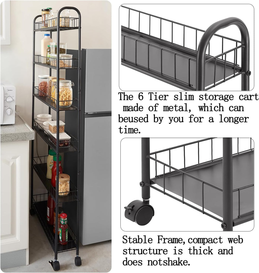 6in 6 Tier Slim Rolling Storage Cart,Mobile Shelving Unit with Wheels
