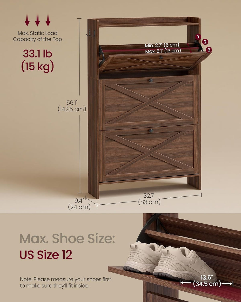 VASAGLE Narrow Shoe Storage Cabinet Organizer with 3 Flip Drawers