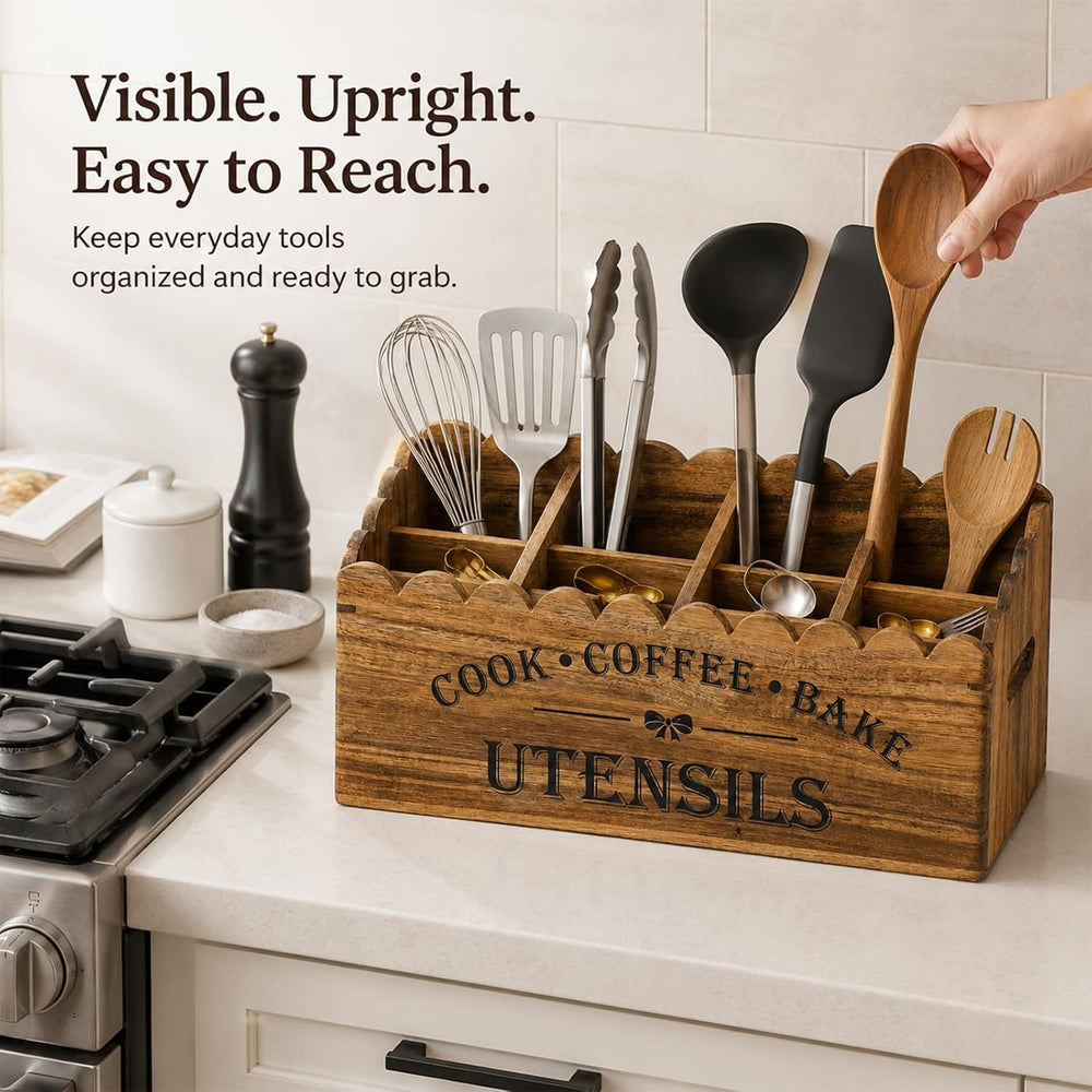 Acacia Wood Utensil Holder for Counter, 4-Compartment Organizer