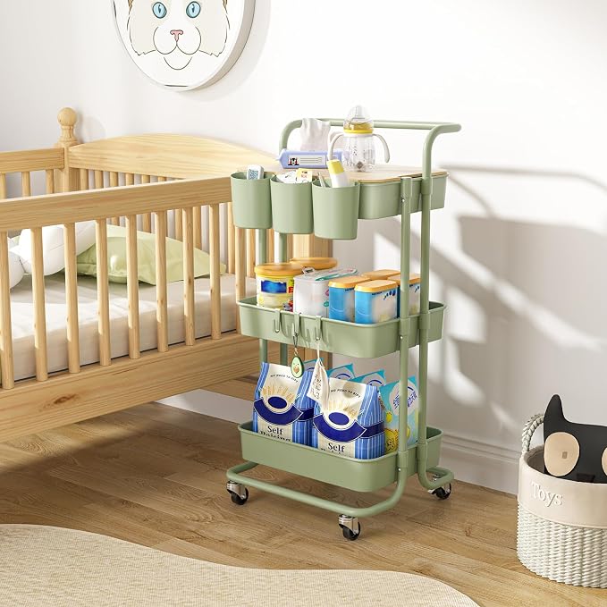 3 Tier Rolling Cart with Metal Handle, Table Top, Hanging Cups, Plastic Storage - Image 7