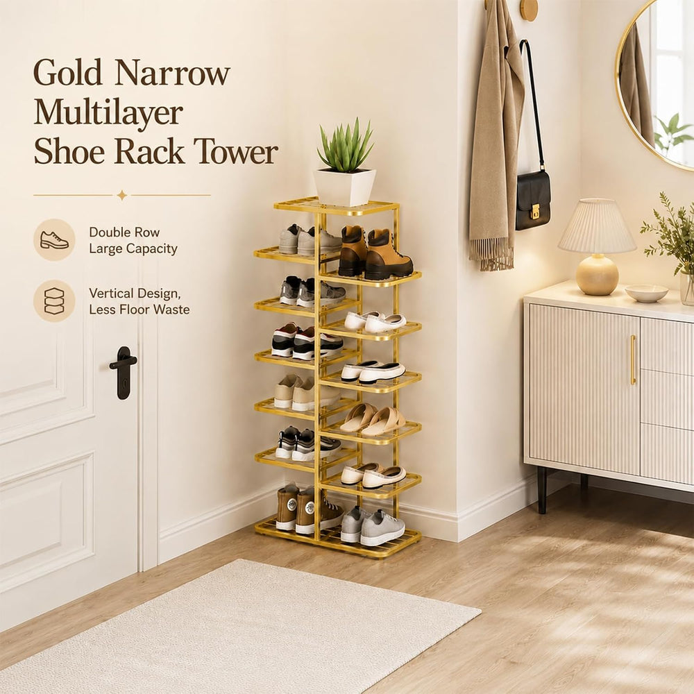 JSWHYBD Gold Shoe Rack Tower, Narrow Metal Organizer for Small Spaces
